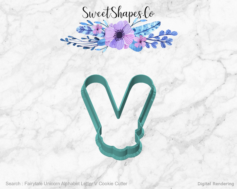 Fairytale Unicorn Alphabet Letter V Cookie Cutter — front view
