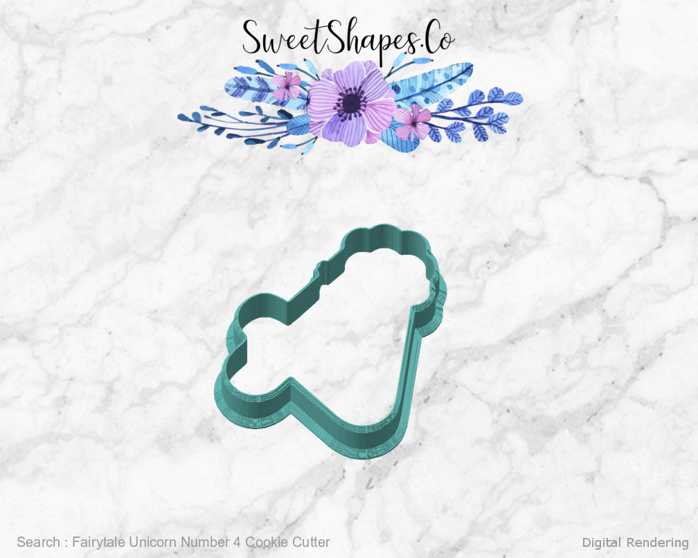 Fairytale Unicorn Number 4 Cookie Cutter — angled front view
