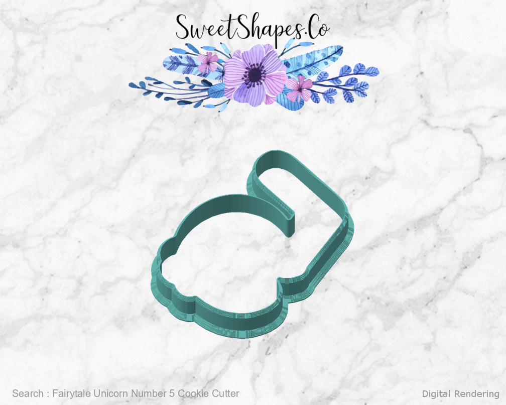 Fairytale Unicorn Number 5 Cookie Cutter — angled front view