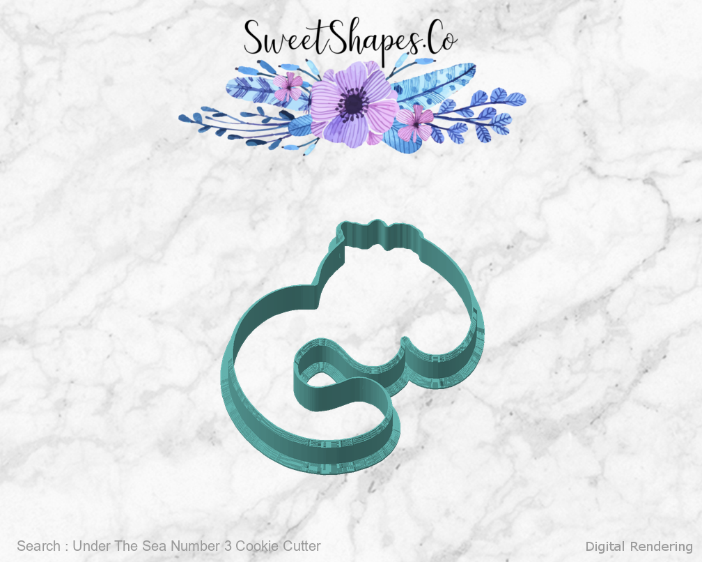 Under The Sea Number 3 Cookie Cutter — angled front view