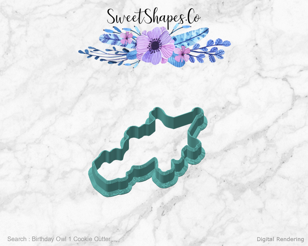 Birthday Owl 1 Cookie Cutter — angled front view