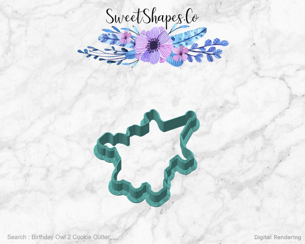 Birthday Owl 2 Cookie Cutter — angled front view
