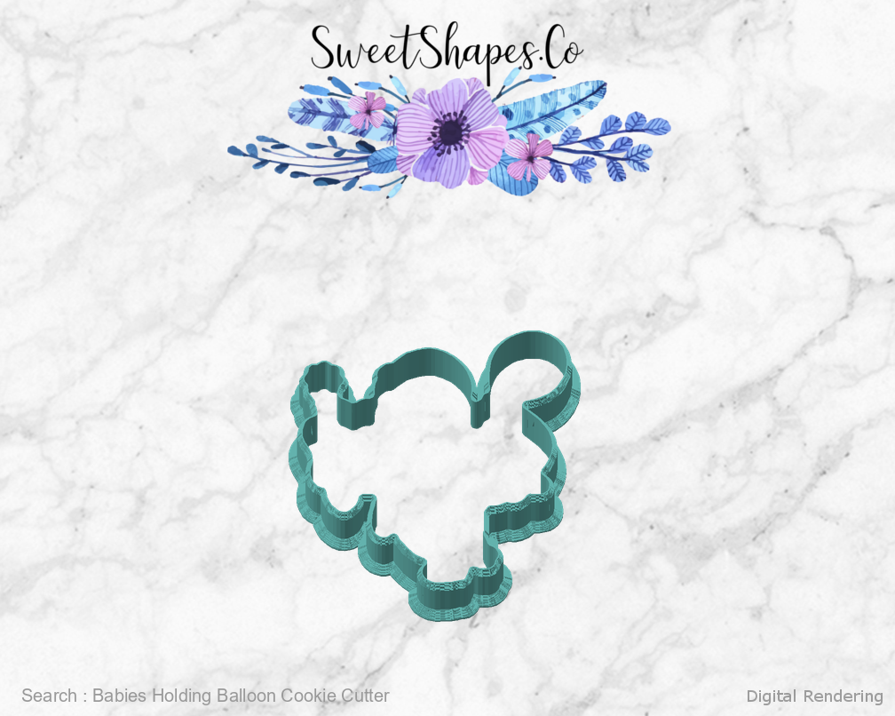Babies Holding Balloon Cookie Cutter — angled front view