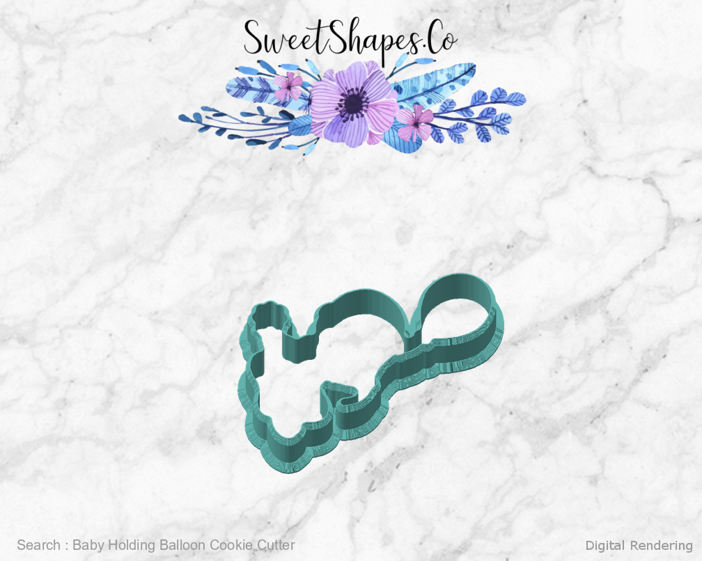 Baby Holding Balloon Cookie Cutter — angled front view