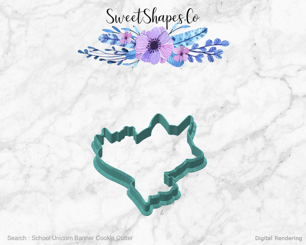 School Unicorn Banner Cookie Cutter — angled front view