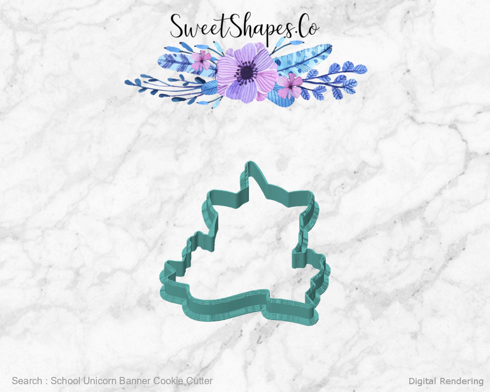 School Unicorn Banner Cookie Cutter — front view