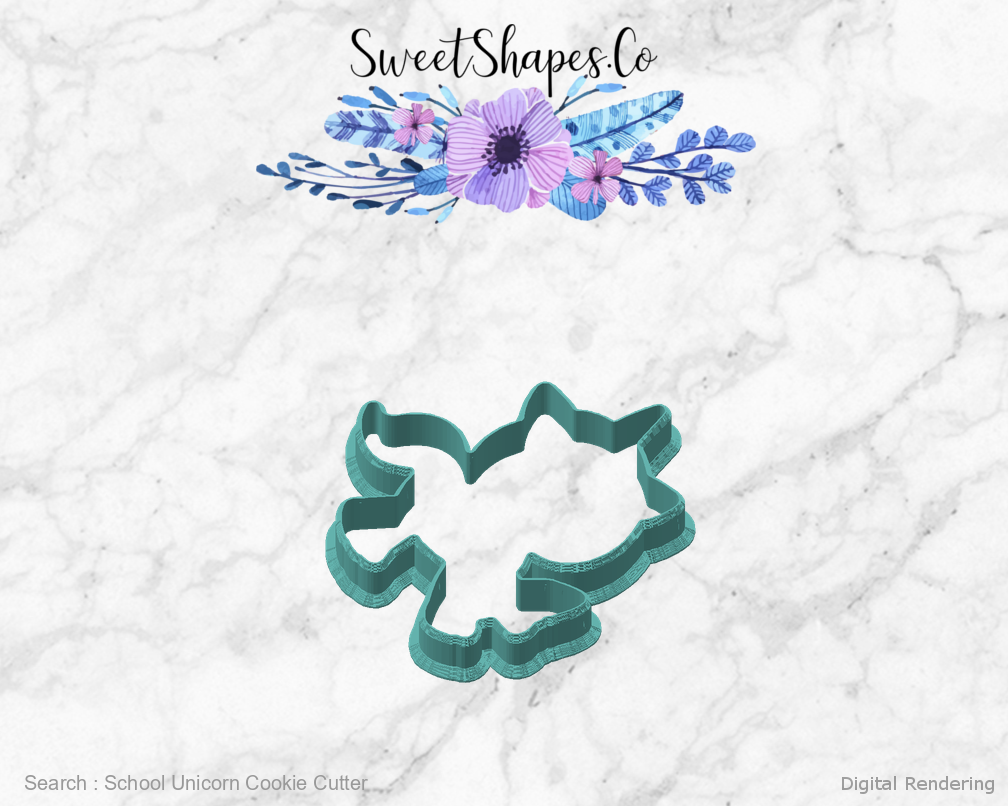 School Unicorn Cookie Cutter — angled front view