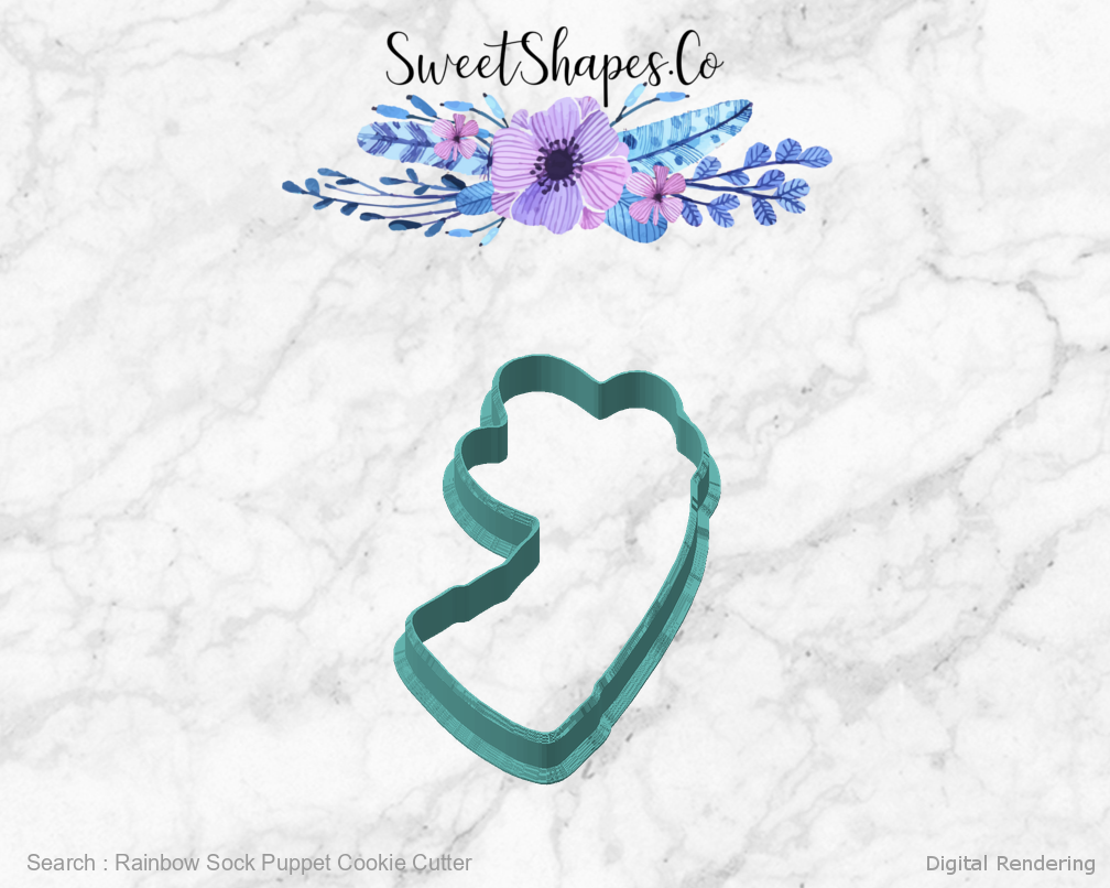 Rainbow Sock Puppet Cookie Cutter — angled front view