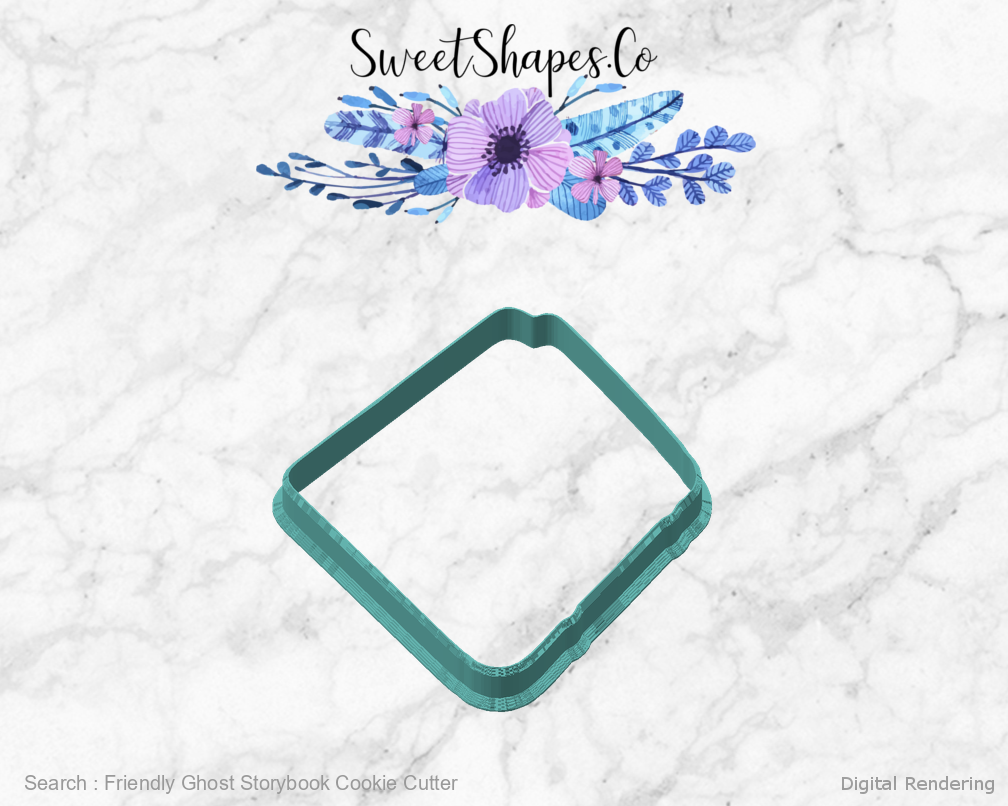 Friendly Ghost Storybook Cookie Cutter — angled front view