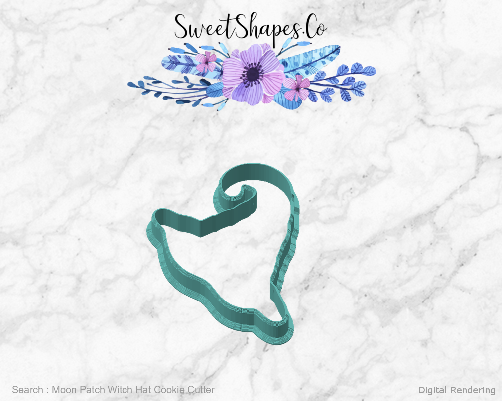 Moon Patch Witch Hat Cookie Cutter — angled front view