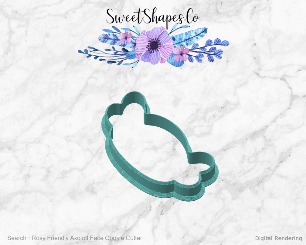 Rosy Friendly Axolotl Face Cookie Cutter — angled front view