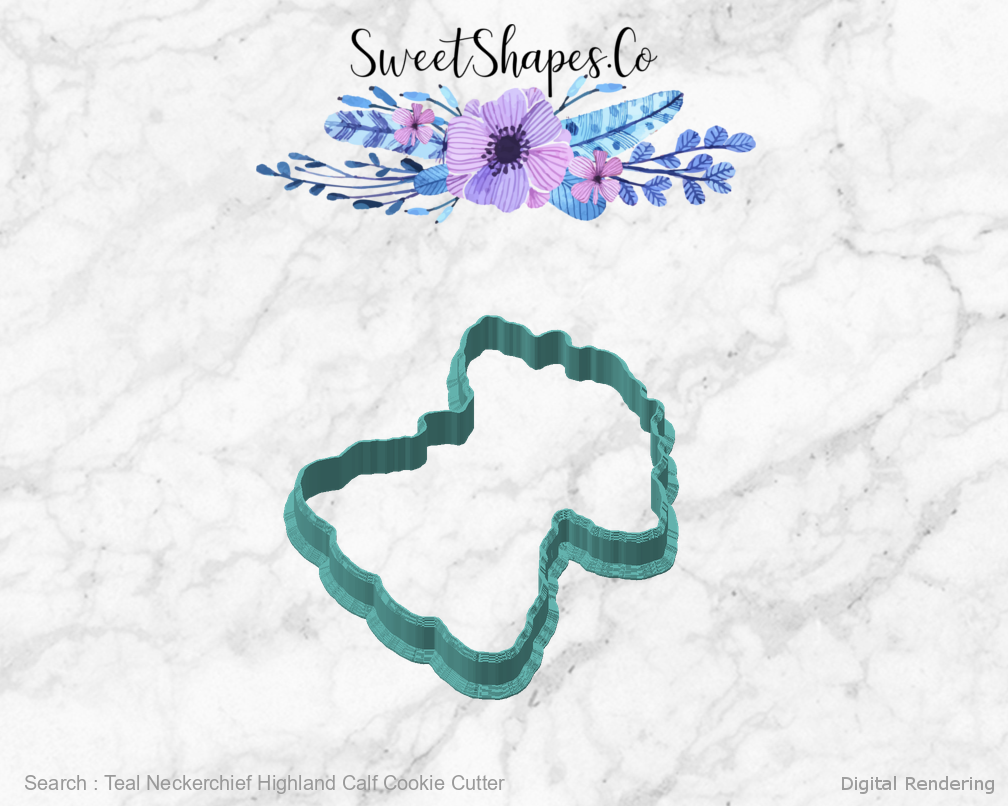 Teal Neckerchief Highland Calf Cookie Cutter — angled front view