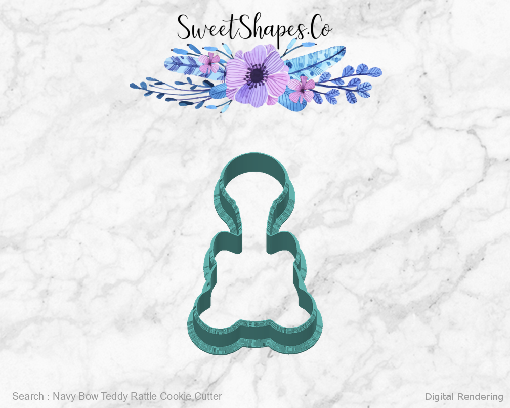 Navy Bow Teddy Rattle Cookie Cutter — back view