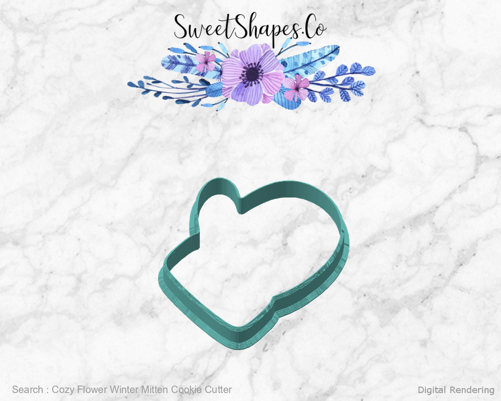Cozy Flower Winter Mitten Cookie Cutter — angled front view