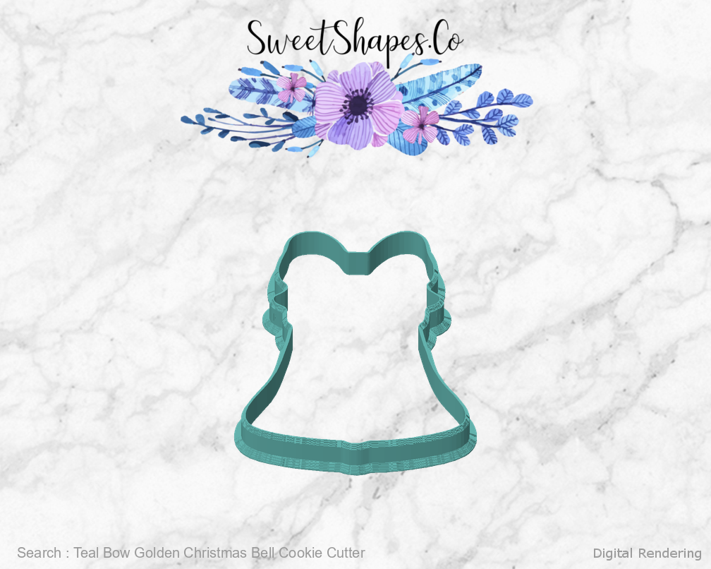 Teal Bow Golden Christmas Bell Cookie Cutter — front view