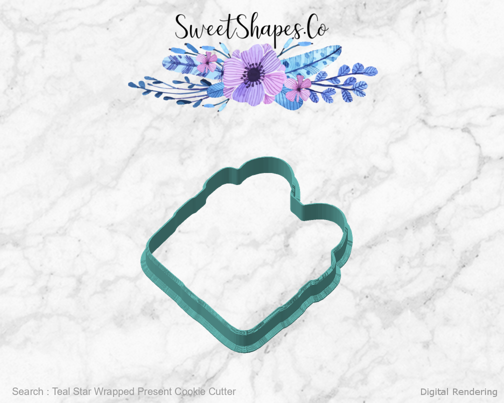 Teal Star Wrapped Present Cookie Cutter — angled front view