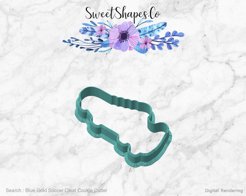 Blue Gold Soccer Cleat Cookie Cutter — angled front view