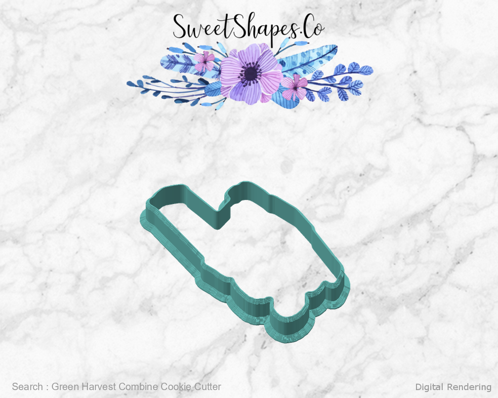 Green Harvest Combine Cookie Cutter — angled front view