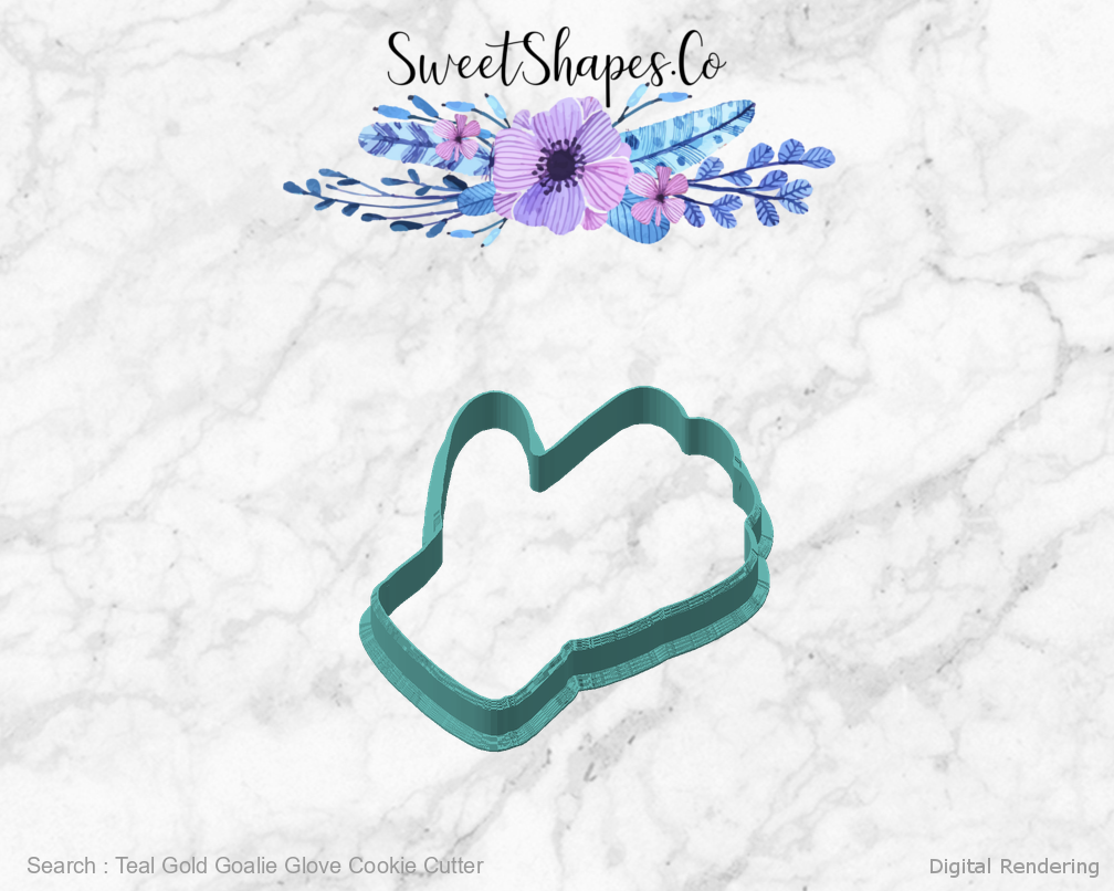 Teal Gold Goalie Glove Cookie Cutter — angled front view