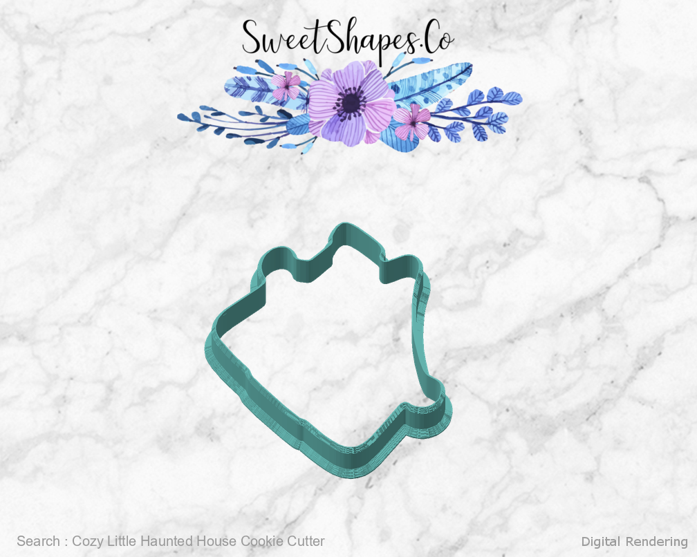 Cozy Little Haunted House Cookie Cutter — angled front view