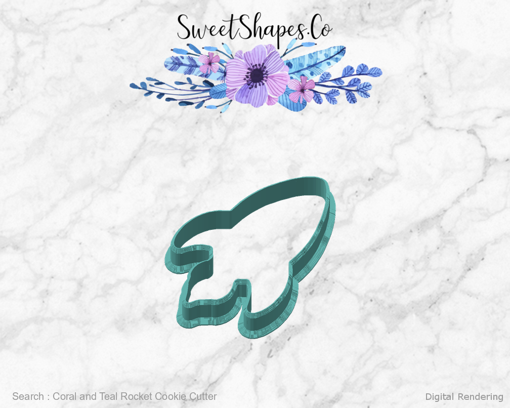 Coral and Teal Rocket Cookie Cutter — angled front view
