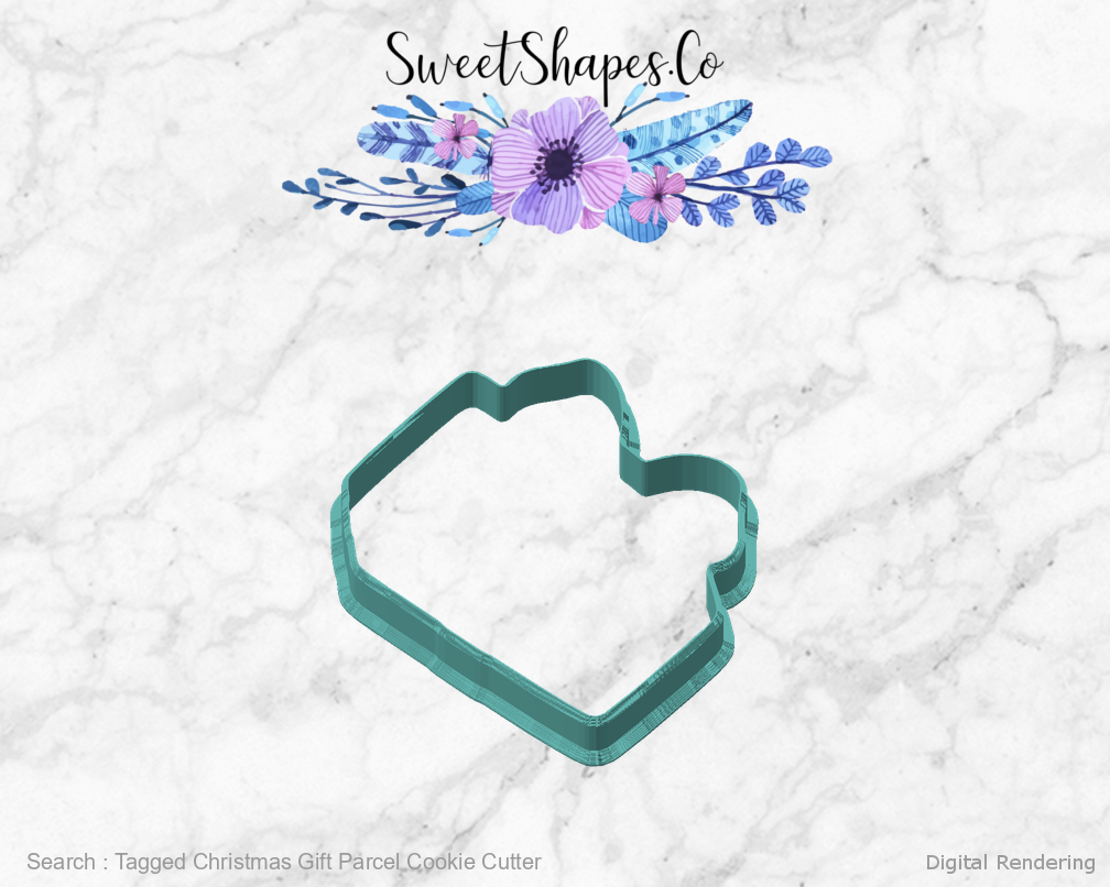 Tagged Christmas Gift Parcel Cookie Cutter — angled front view