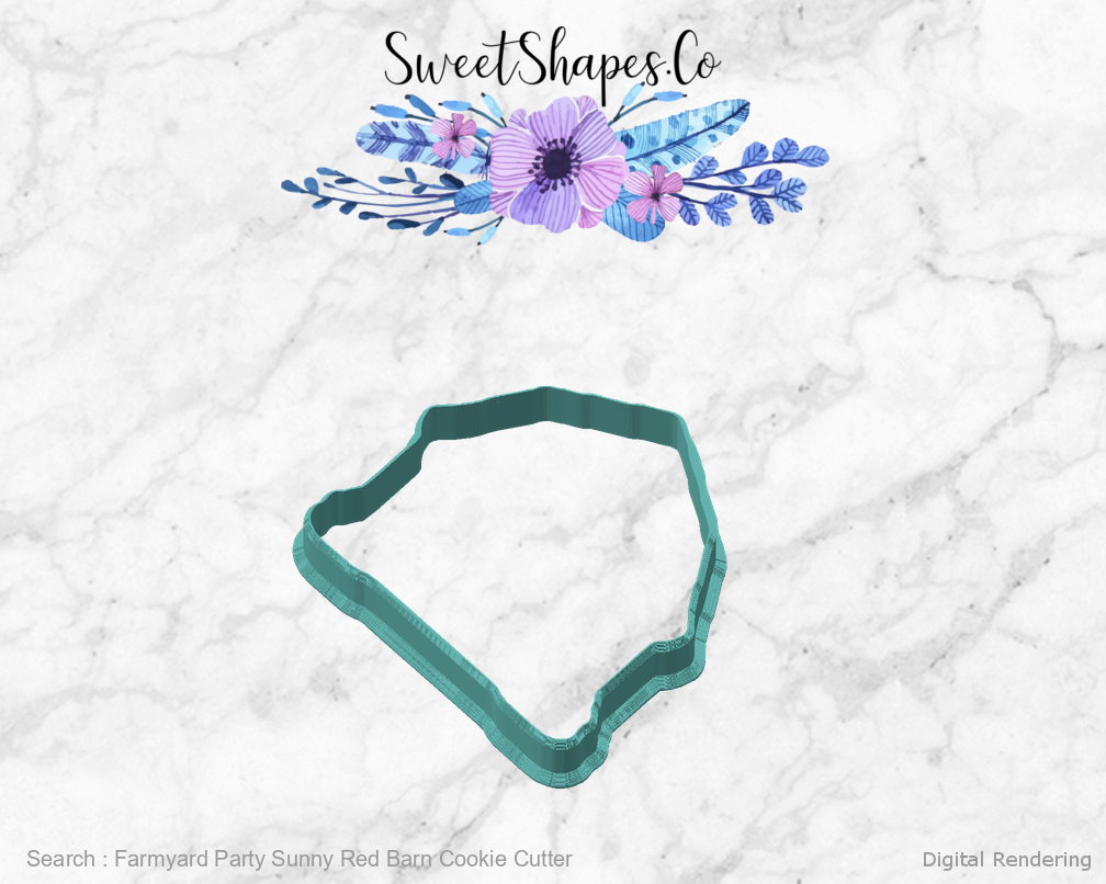 Farmyard Party Sunny Red Barn Cookie Cutter — angled front view