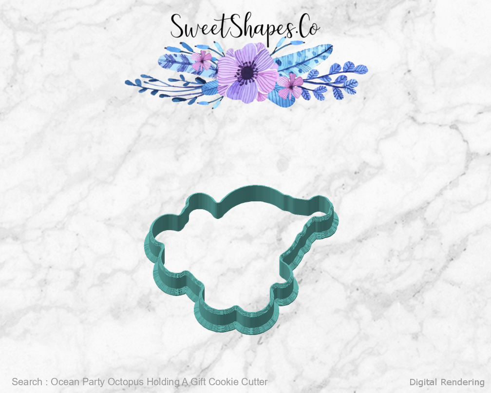 Ocean Party Octopus Holding A Gift Cookie Cutter — angled front view