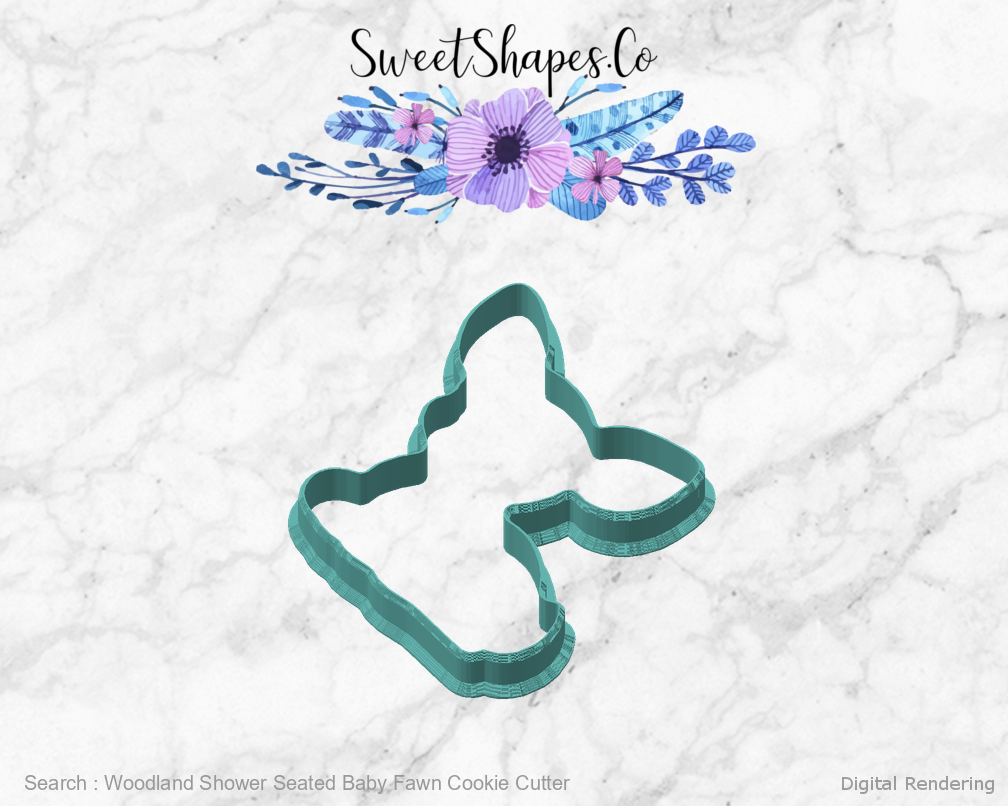 Woodland Shower Seated Baby Fawn Cookie Cutter — angled front view