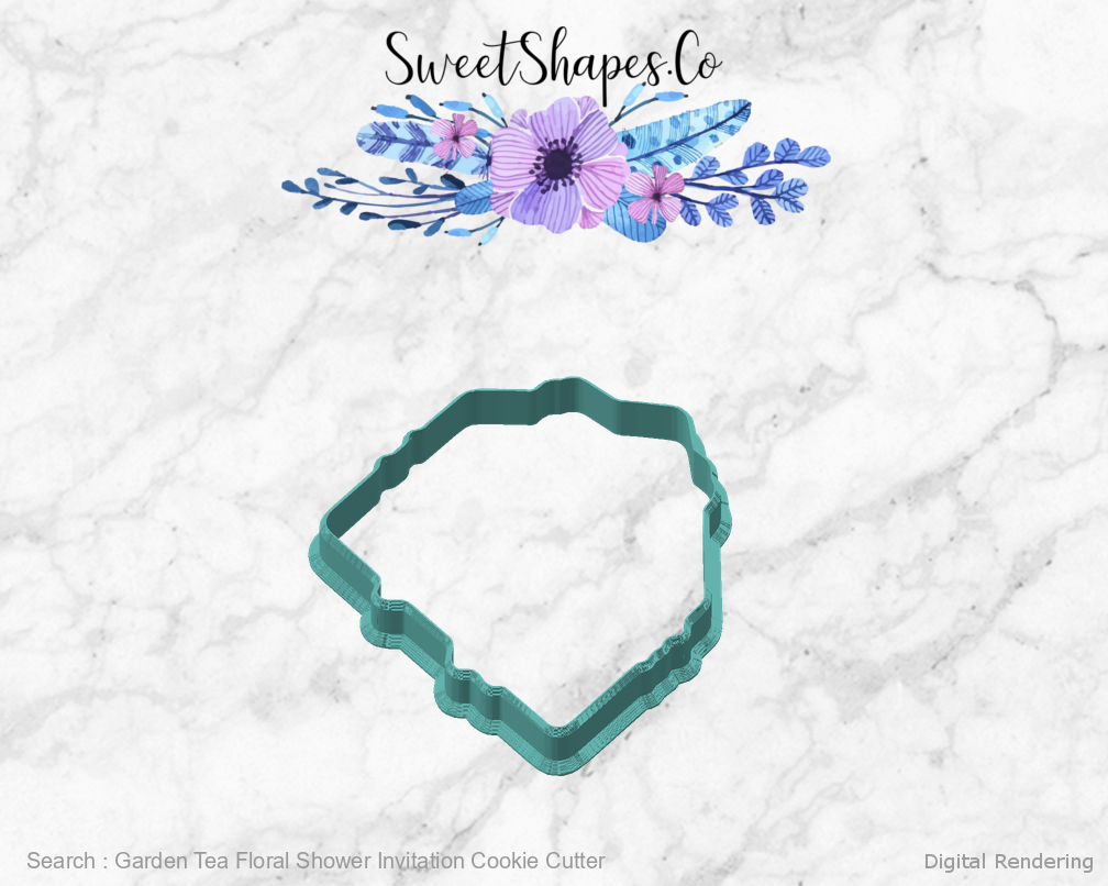Garden Tea Floral Shower Invitation Cookie Cutter — angled front view