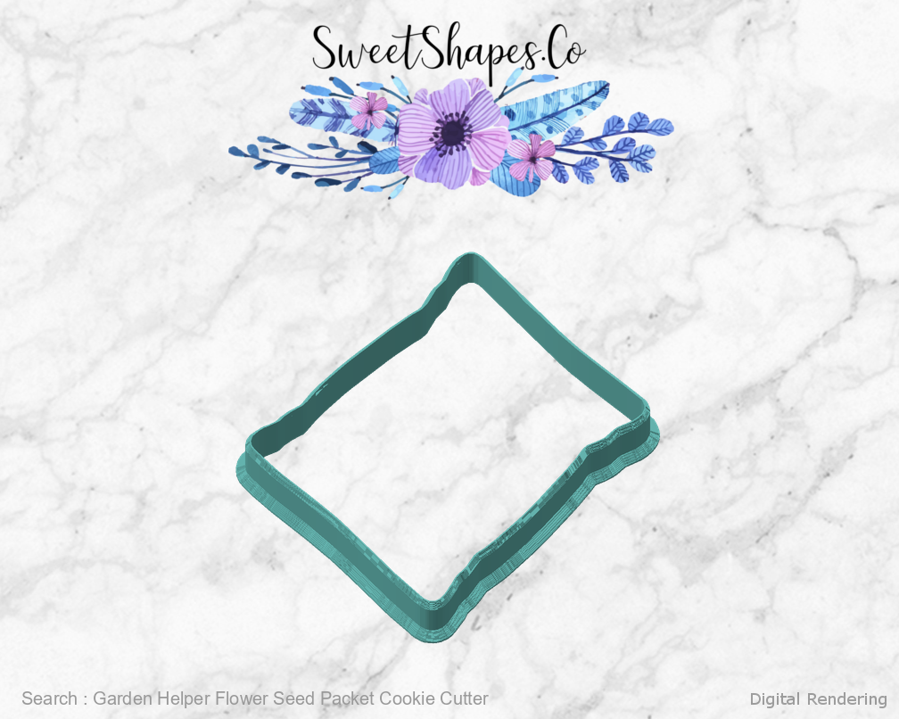 Garden Helper Flower Seed Packet Cookie Cutter — angled front view