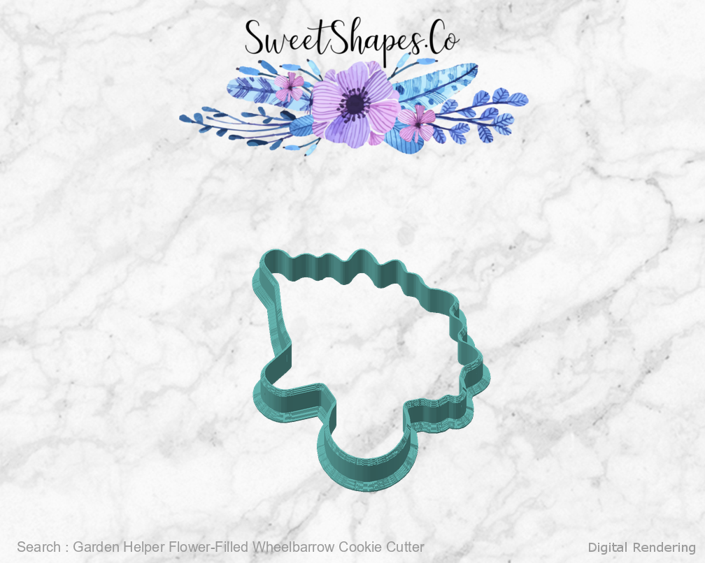 Garden Helper Flower-Filled Wheelbarrow Cookie Cutter — angled front view