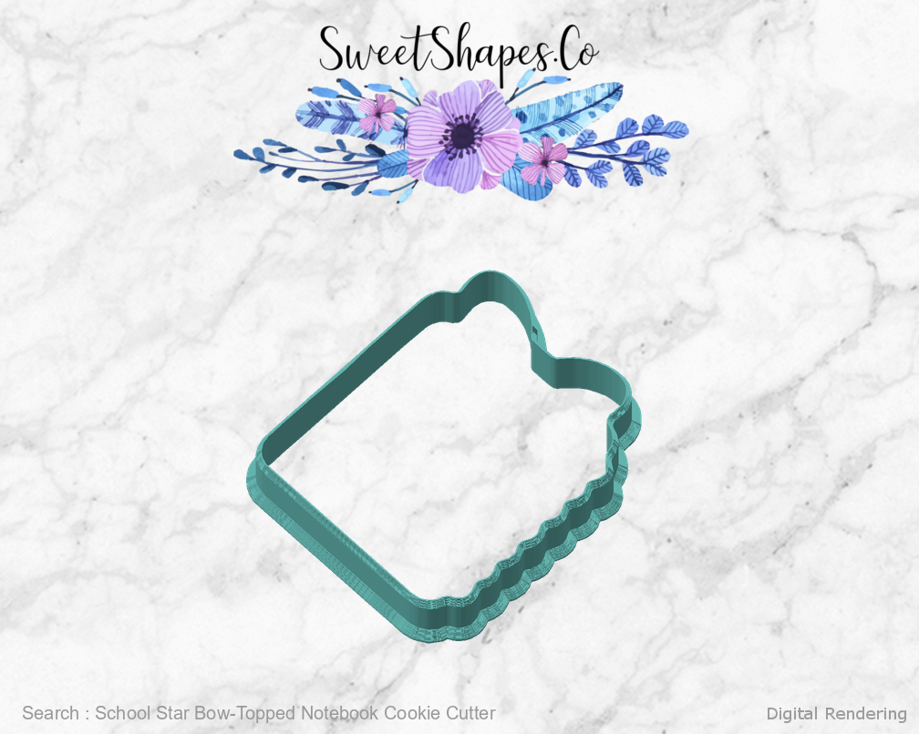 School Star Bow-Topped Notebook Cookie Cutter — angled front view