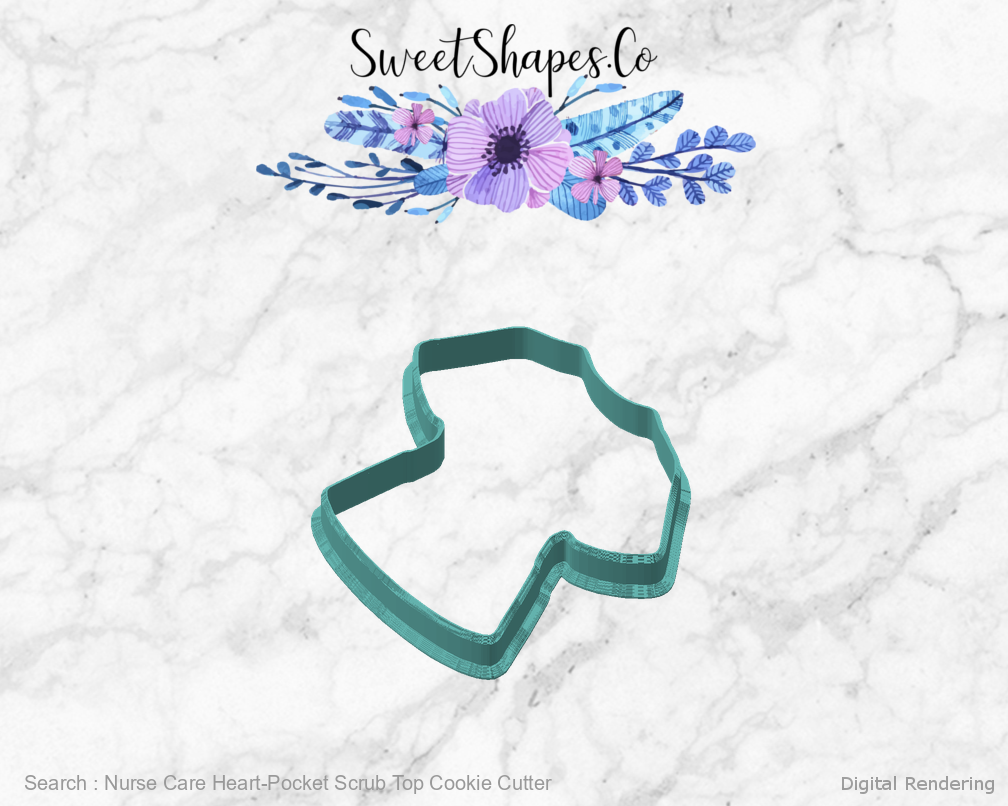 Nurse Care Heart-Pocket Scrub Top Cookie Cutter — angled front view