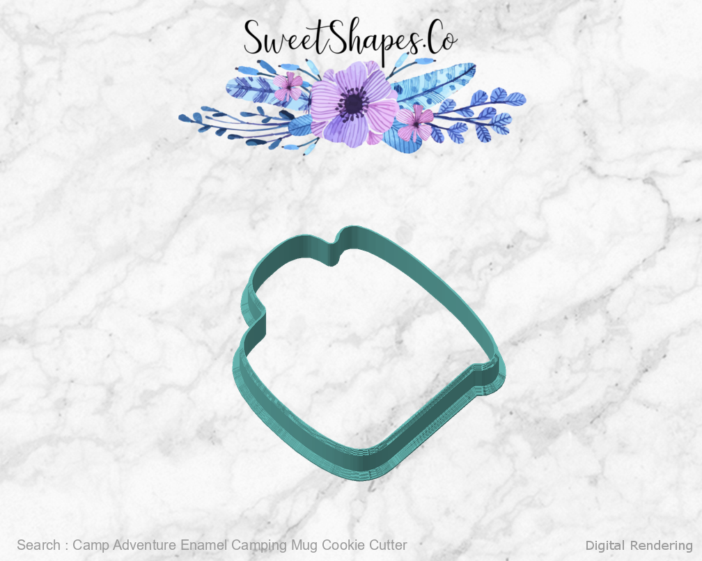 Camp Adventure Enamel Camping Mug Cookie Cutter — angled front view