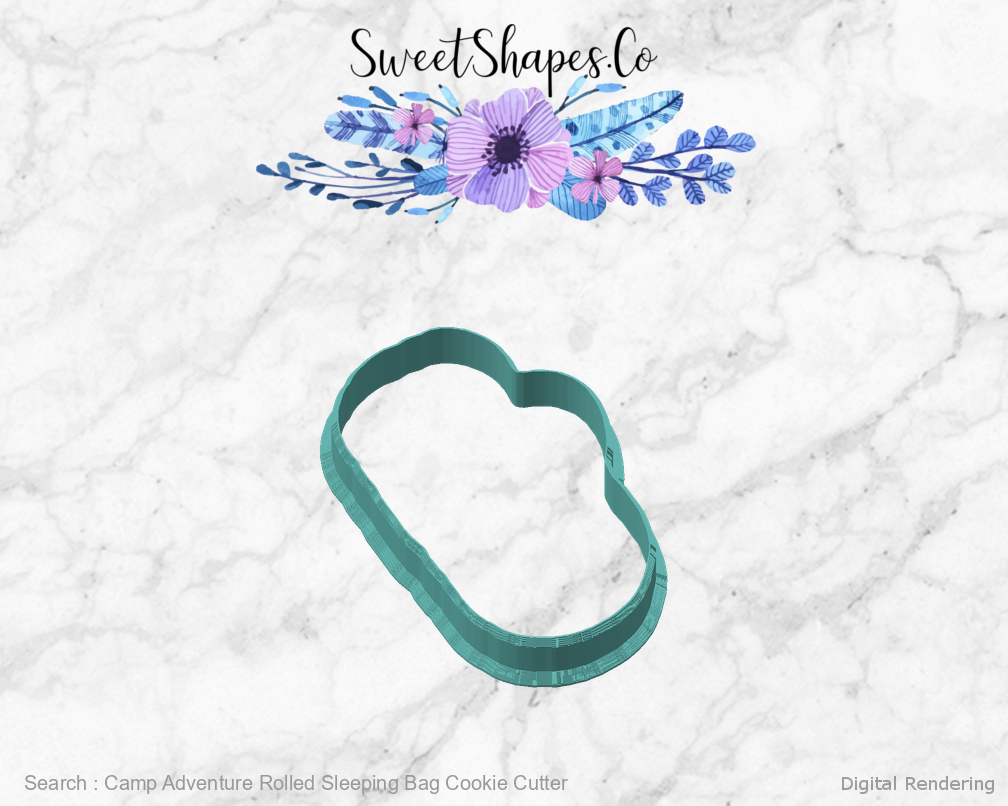 Camp Adventure Rolled Sleeping Bag Cookie Cutter — angled front view