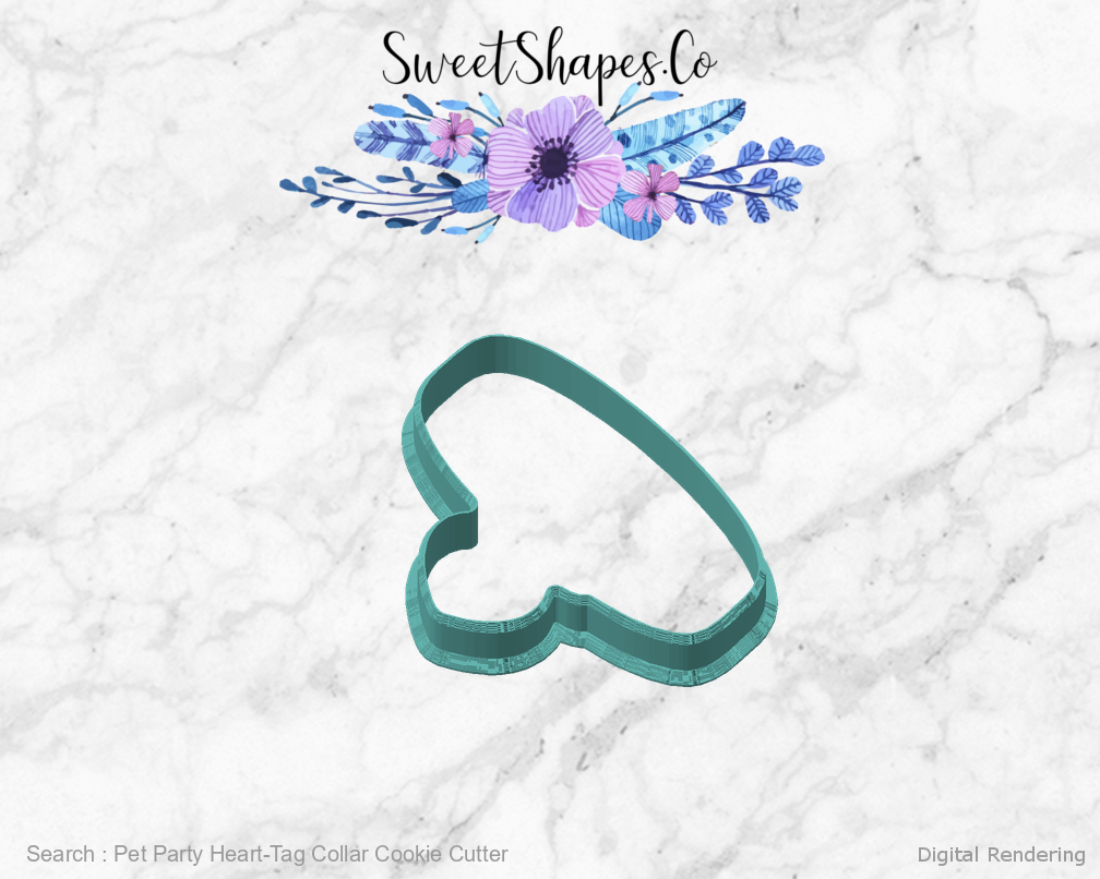 Pet Party Heart-Tag Collar Cookie Cutter — angled front view