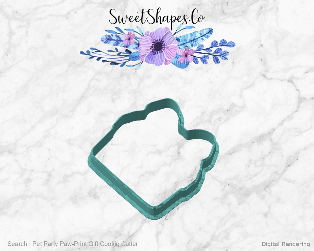 Pet Party Paw-Print Gift Cookie Cutter — angled front view