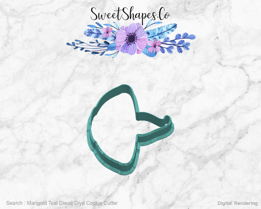 Marigold Teal Diwali Diya Cookie Cutter — right view