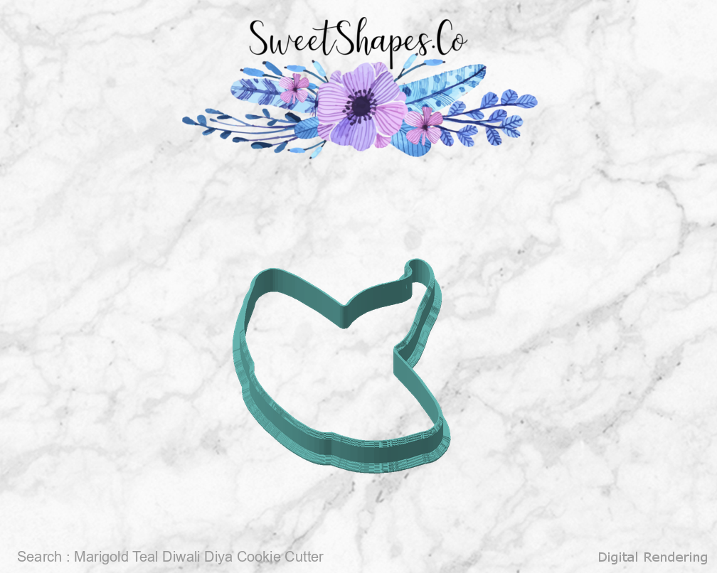 Marigold Teal Diwali Diya Cookie Cutter — angled front view