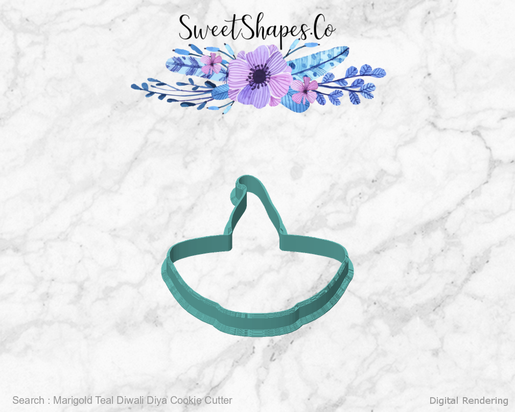 Marigold Teal Diwali Diya Cookie Cutter — front view