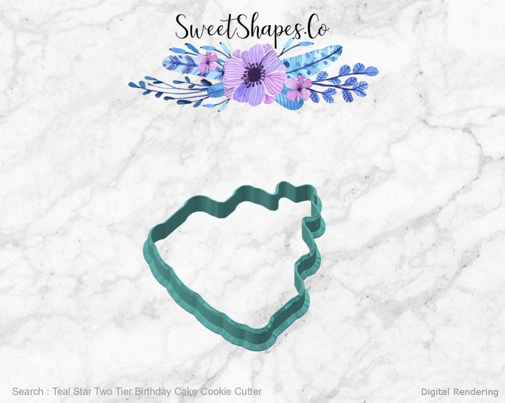 Teal Star Two Tier Birthday Cake Cookie Cutter — angled front view