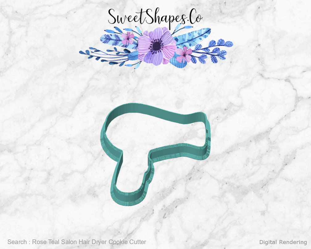 Rose Teal Salon Hair Dryer Cookie Cutter — front view