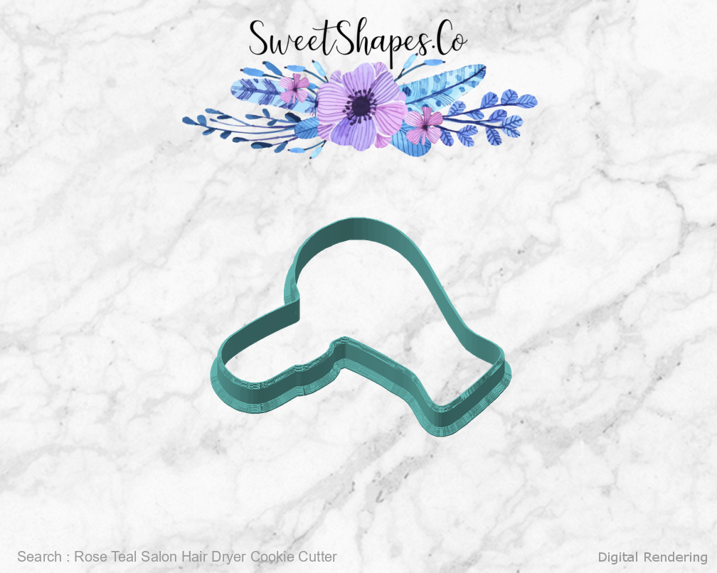 Rose Teal Salon Hair Dryer Cookie Cutter — angled front view
