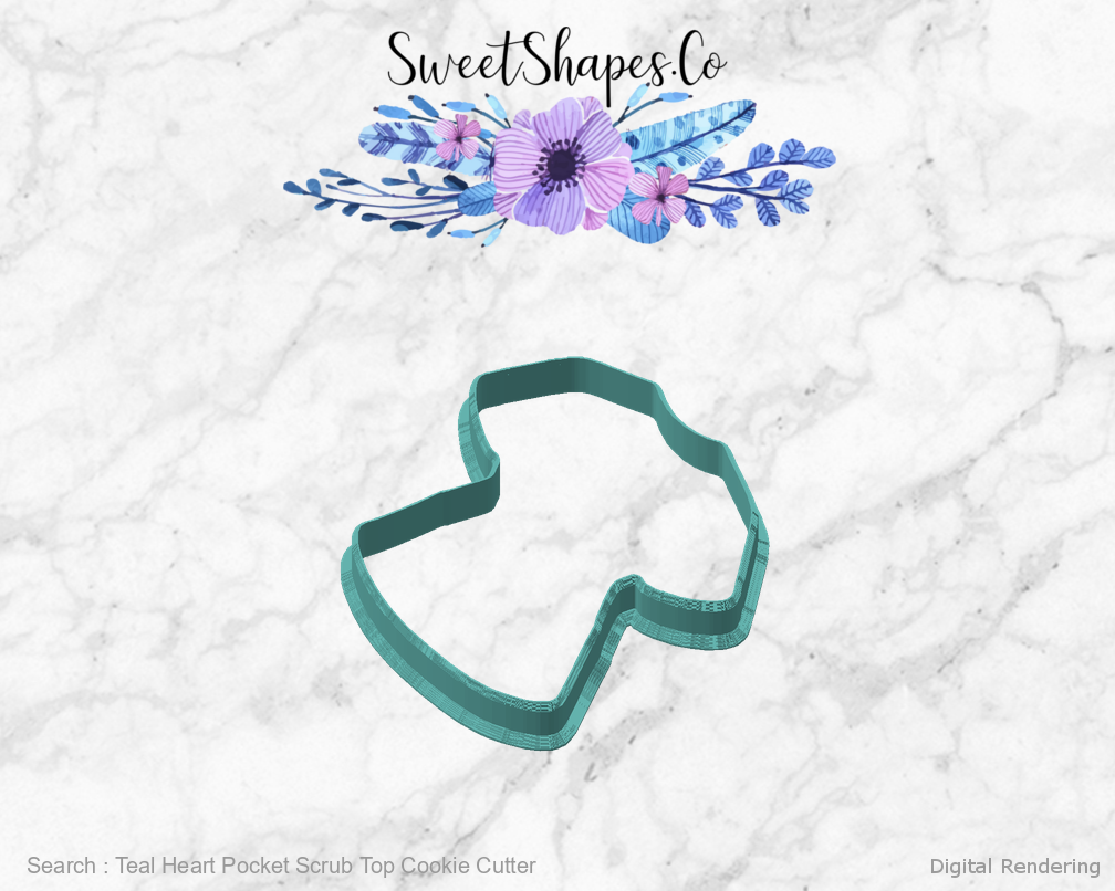 Teal Heart Pocket Scrub Top Cookie Cutter — angled front view
