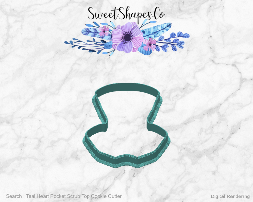 Teal Heart Pocket Scrub Top Cookie Cutter — back view
