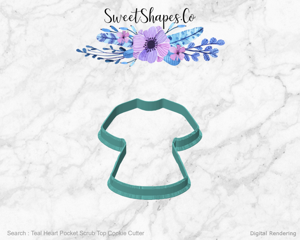 Teal Heart Pocket Scrub Top Cookie Cutter — front view