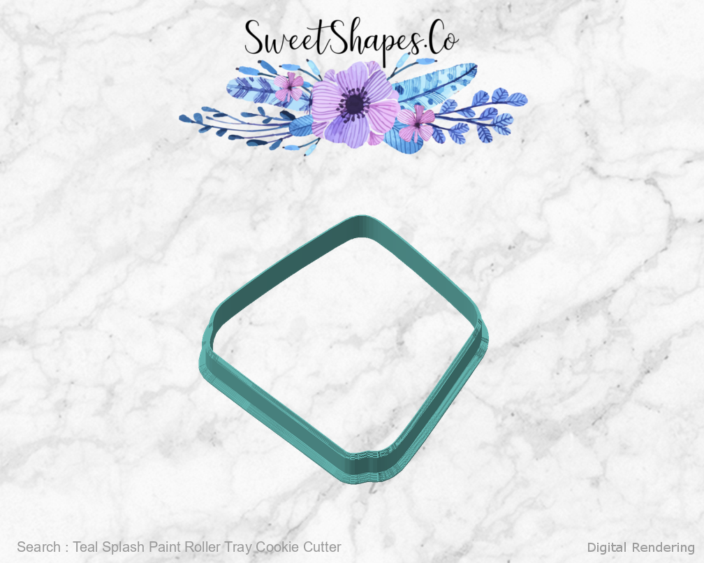 Teal Splash Paint Roller Tray Cookie Cutter — angled front view