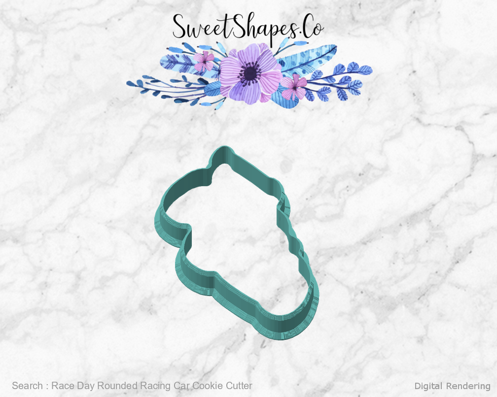 Race Day Rounded Racing Car Cookie Cutter — angled front view