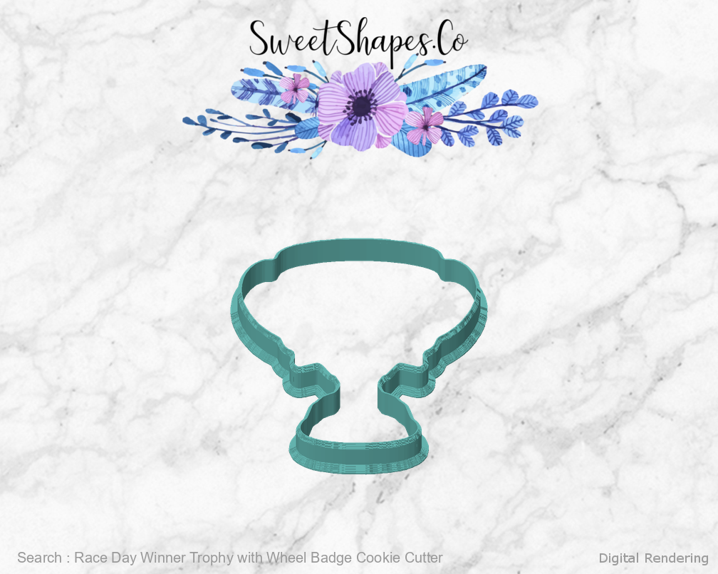 Race Day Winner Trophy with Wheel Badge Cookie Cutter — front view